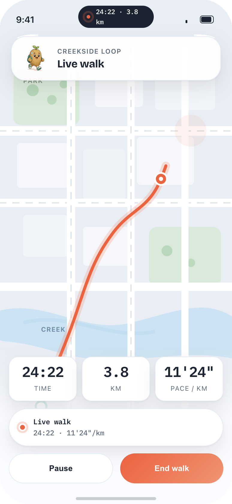 Waylo Live walk with map route and Dynamic Island
